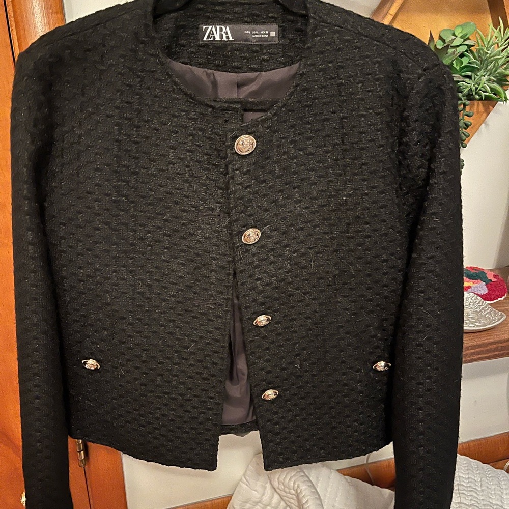 Zara black tweed cropped blazer lady jacket